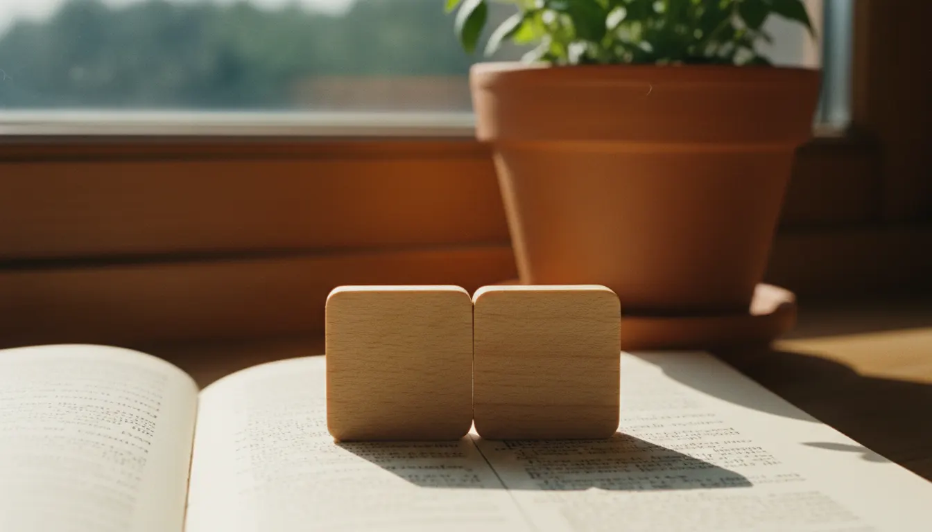 Two wooden game tiles side by side on an open dictionary on a sunny windowsill