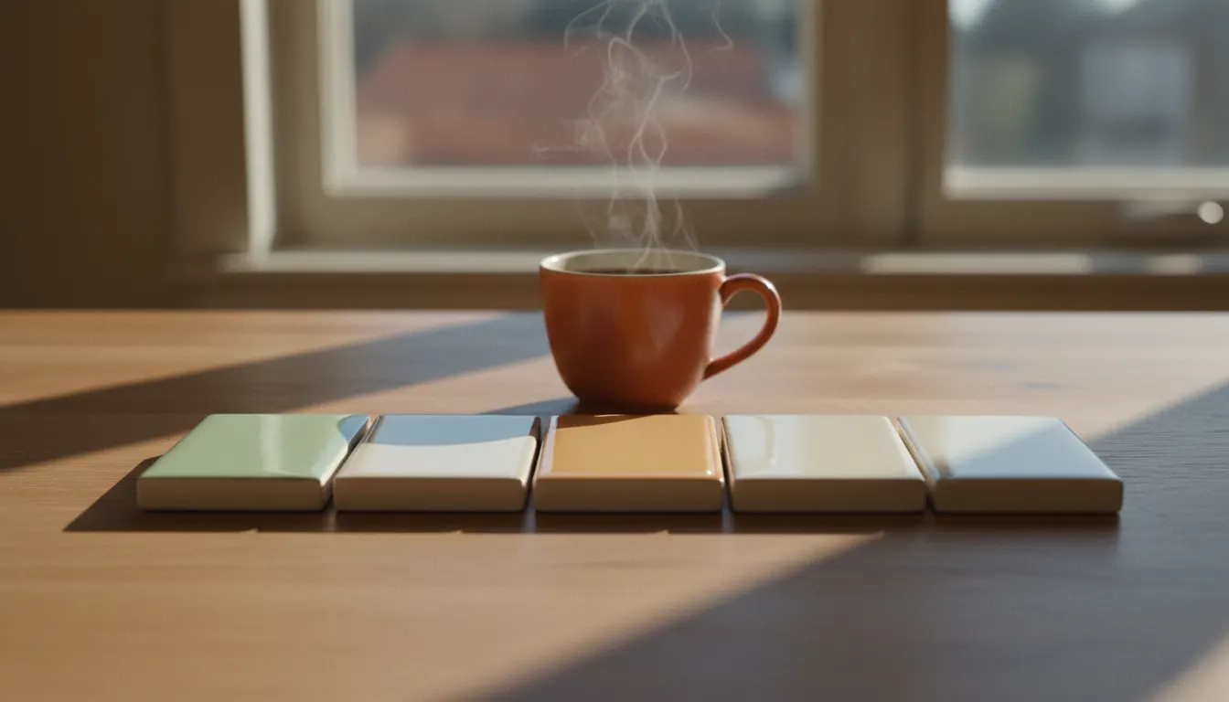 Five ceramic tiles in a row, two glowing green and one amber, beside a steaming cup of coffee at dawn