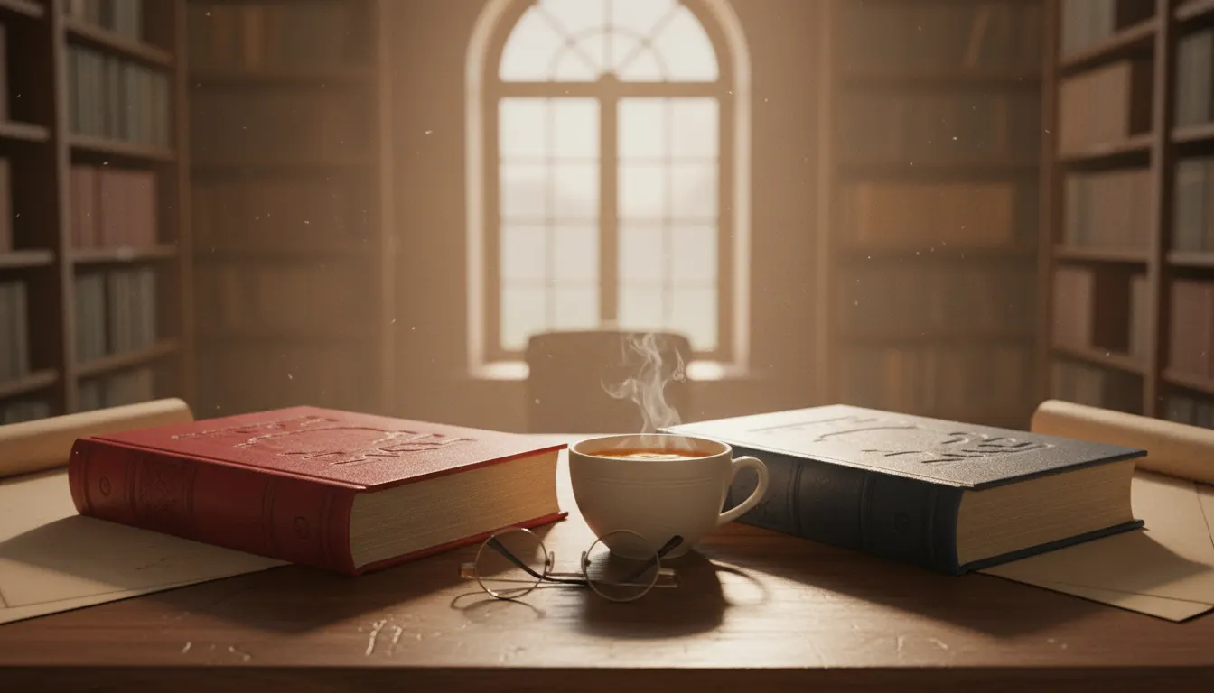 A red and a blue leather-bound dictionary side by side on a library desk with a cup of tea