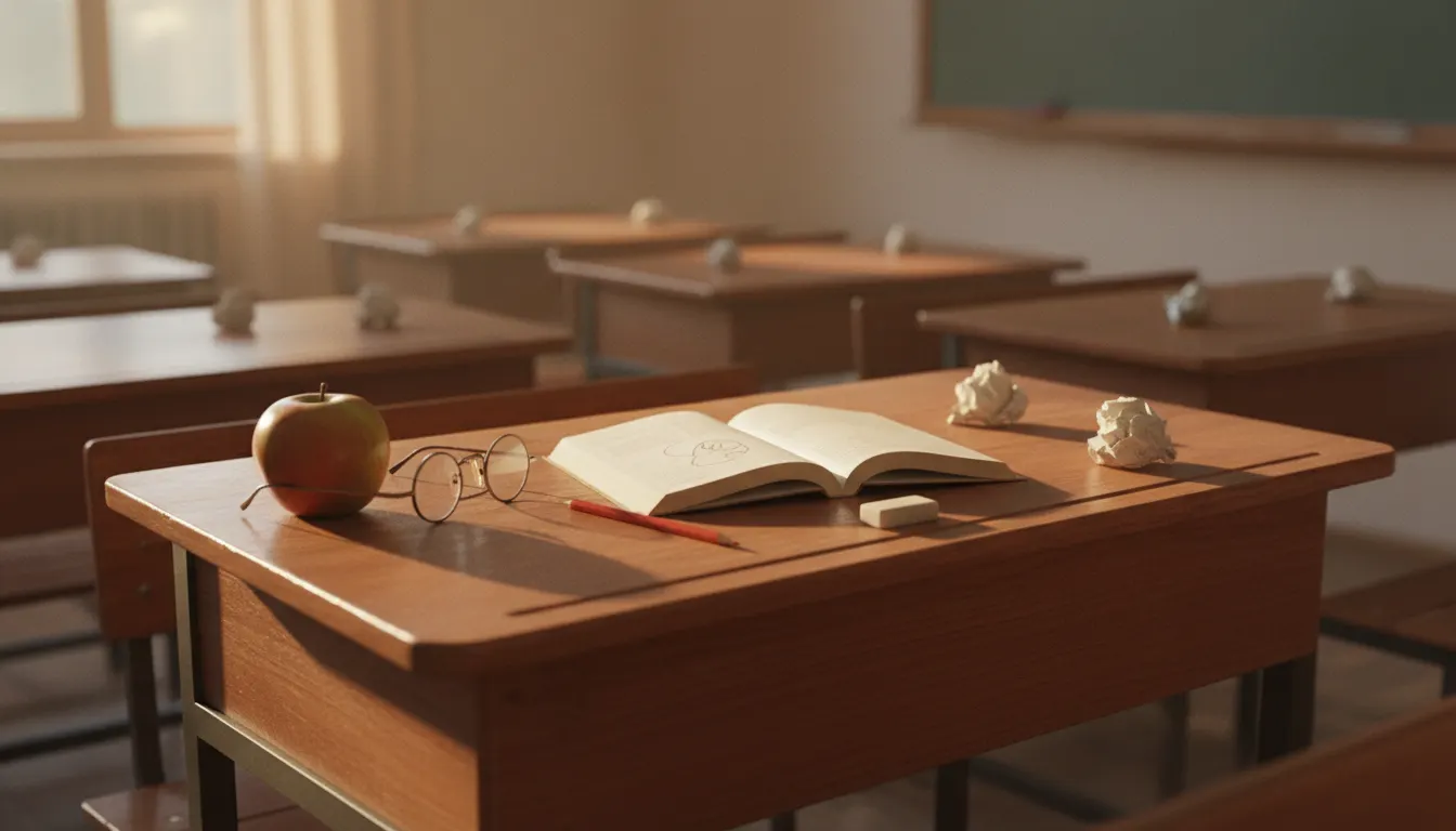 An old school desk with an open exercise book, a red pencil, glasses and an apple