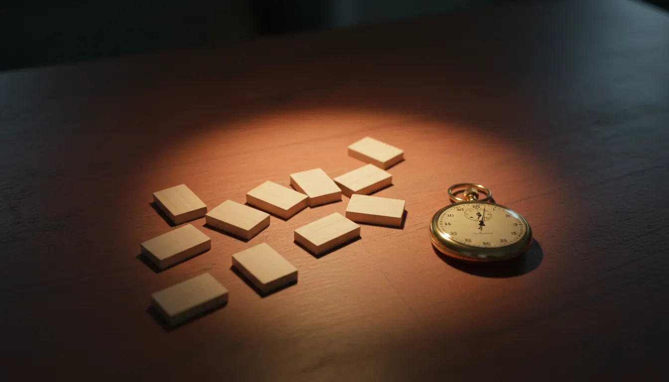 Wooden letter tiles and a brass stopwatch in a pool of warm light on a dark desk