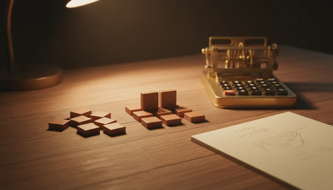 Numbered wooden tiles beside a brass mechanical calculator and a notepad of sums under a desk lamp