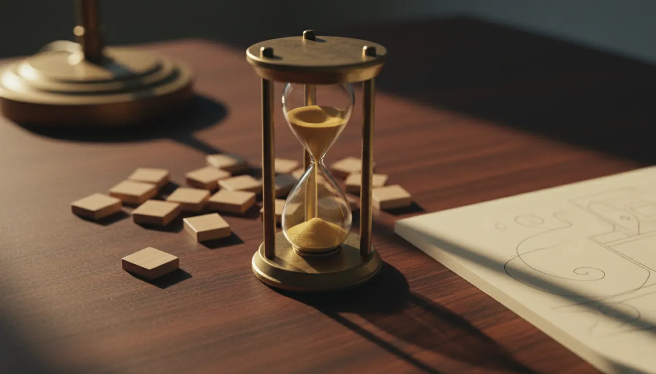 A brass hourglass with sand running, beside scattered wooden game tiles on a dark desk
