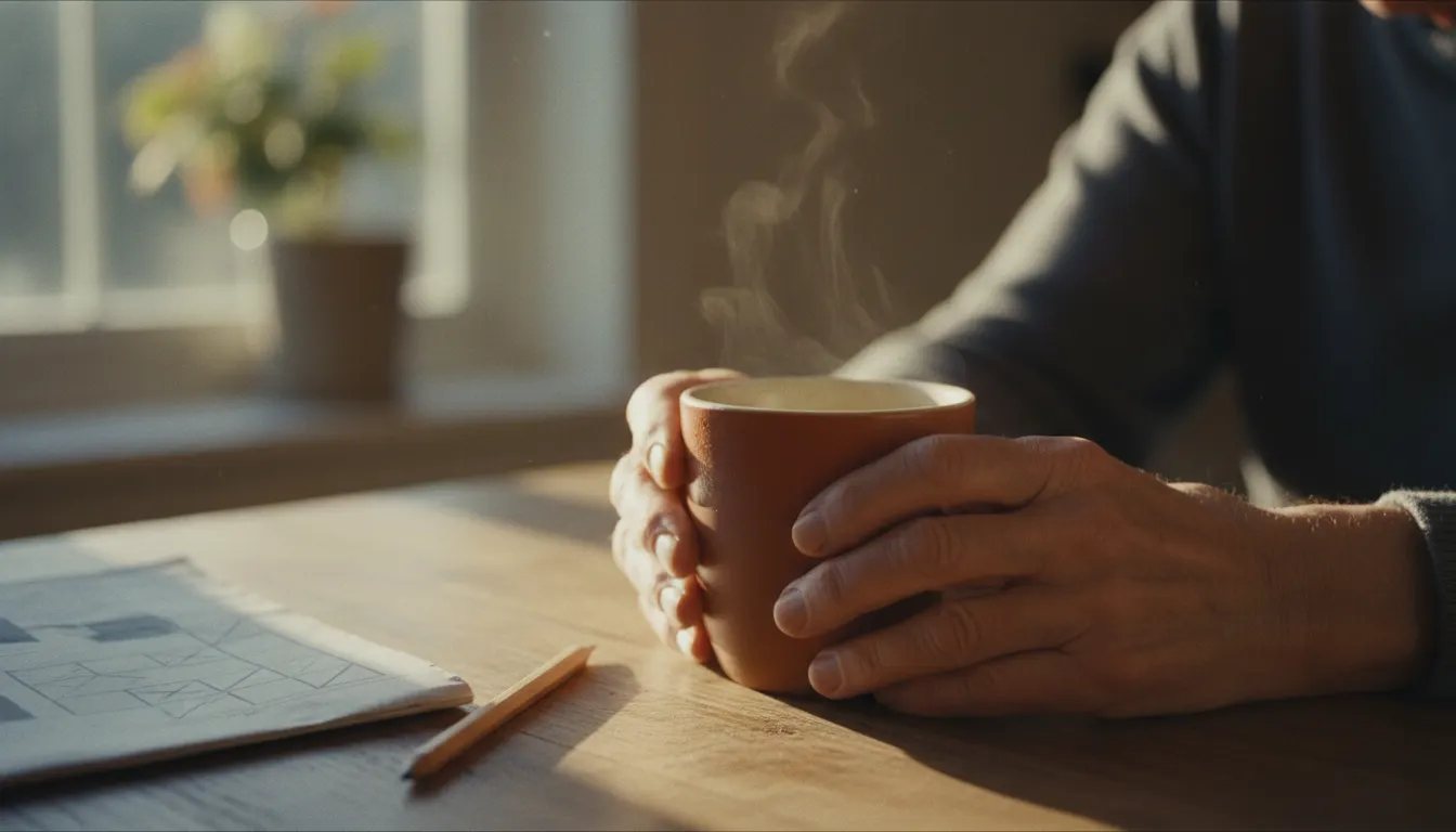 Hands holding a mug of tea at sunrise beside a newspaper puzzle and a pencil
