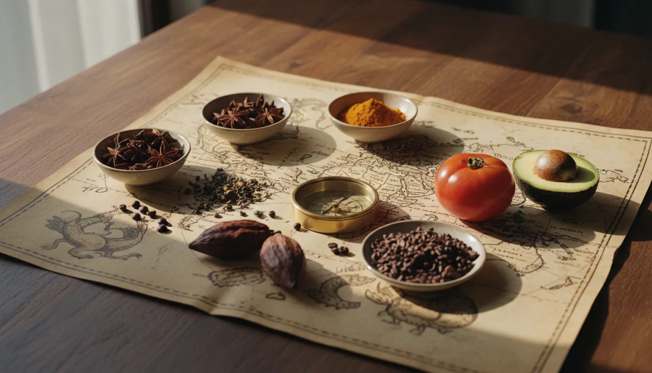 A vintage world map covered with spices, tea, coffee beans, cocoa pods, a tomato, an avocado and a compass