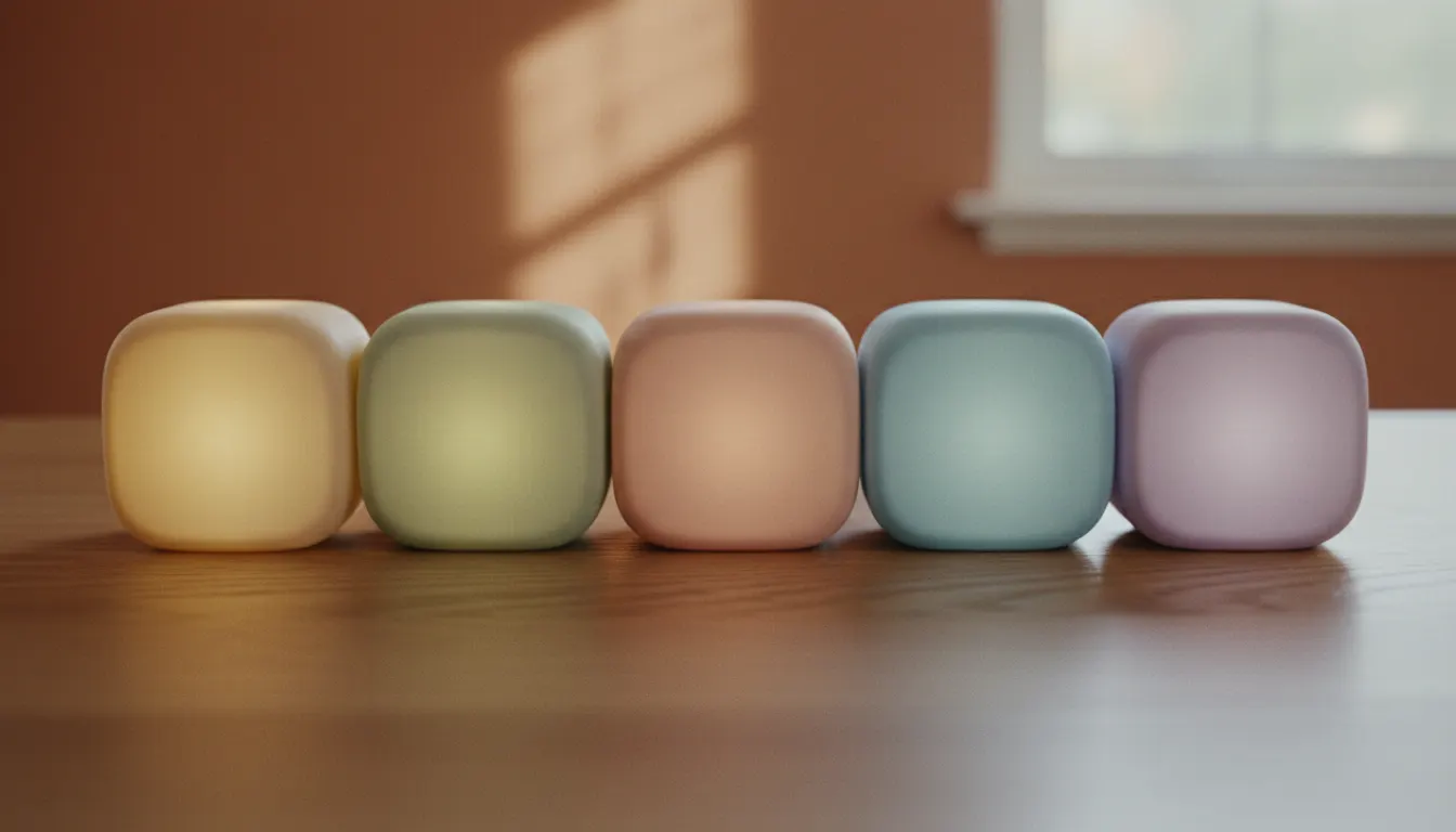Five ceramic tiles in a row glowing in five soft colours on a wooden table
