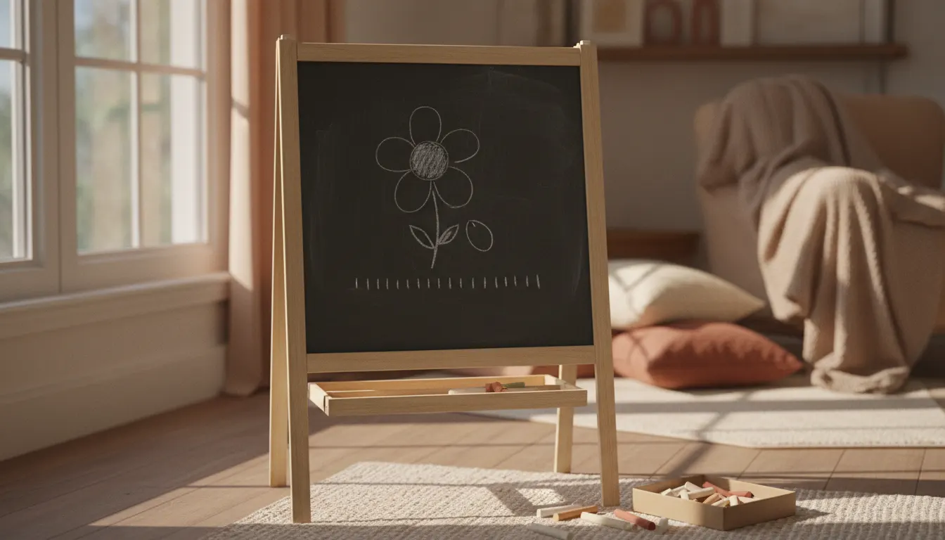 A chalkboard on an easel with a chalk drawing of a flower losing its petals above a row of dashes