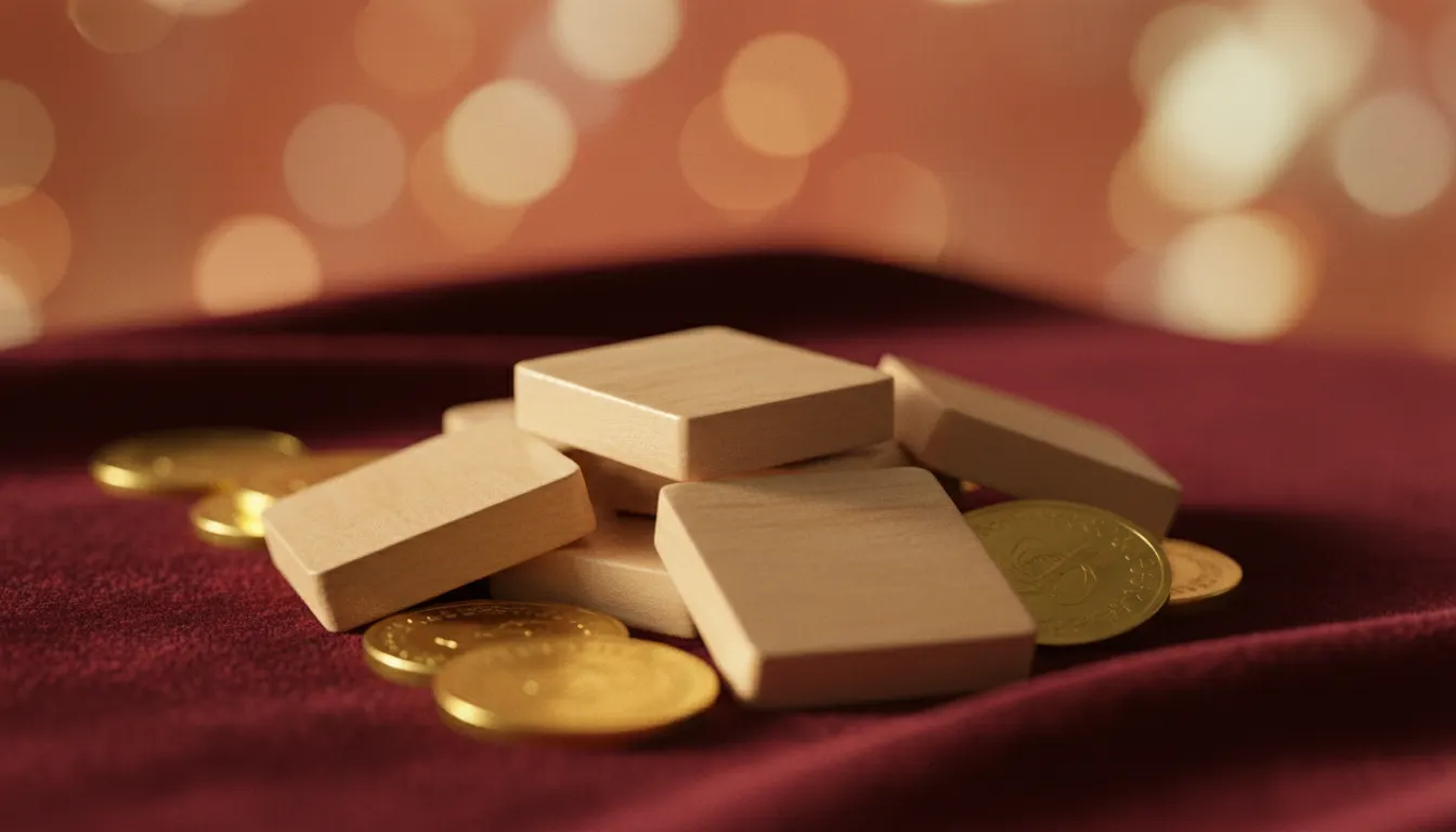Wooden game tiles and gold coins glinting on a red velvet cloth