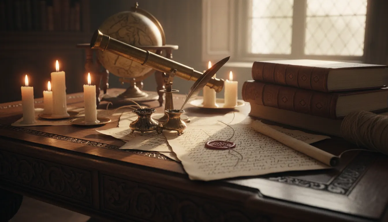 A candlelit antique desk with a brass telescope, quill pen, handwritten parchment and a wax seal
