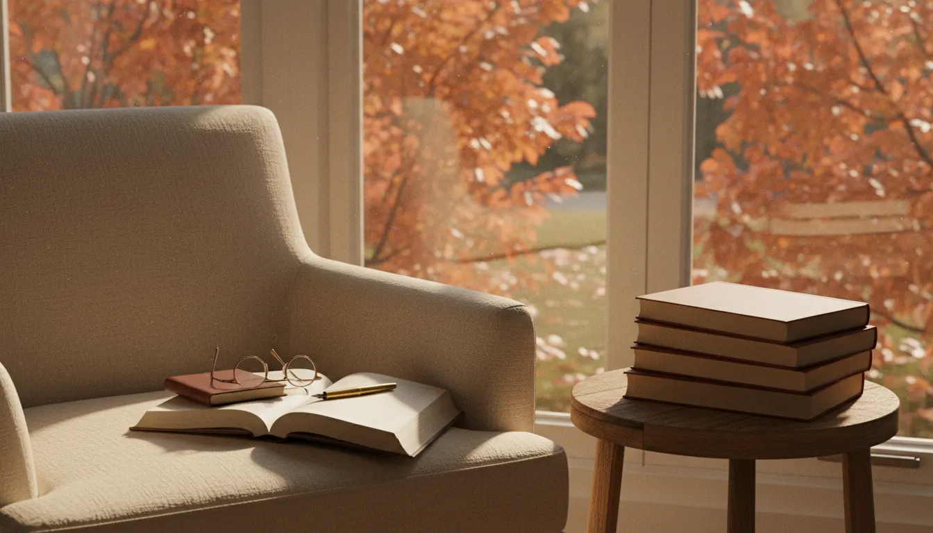An armchair by an autumn window with an open book, reading glasses and a stack of books