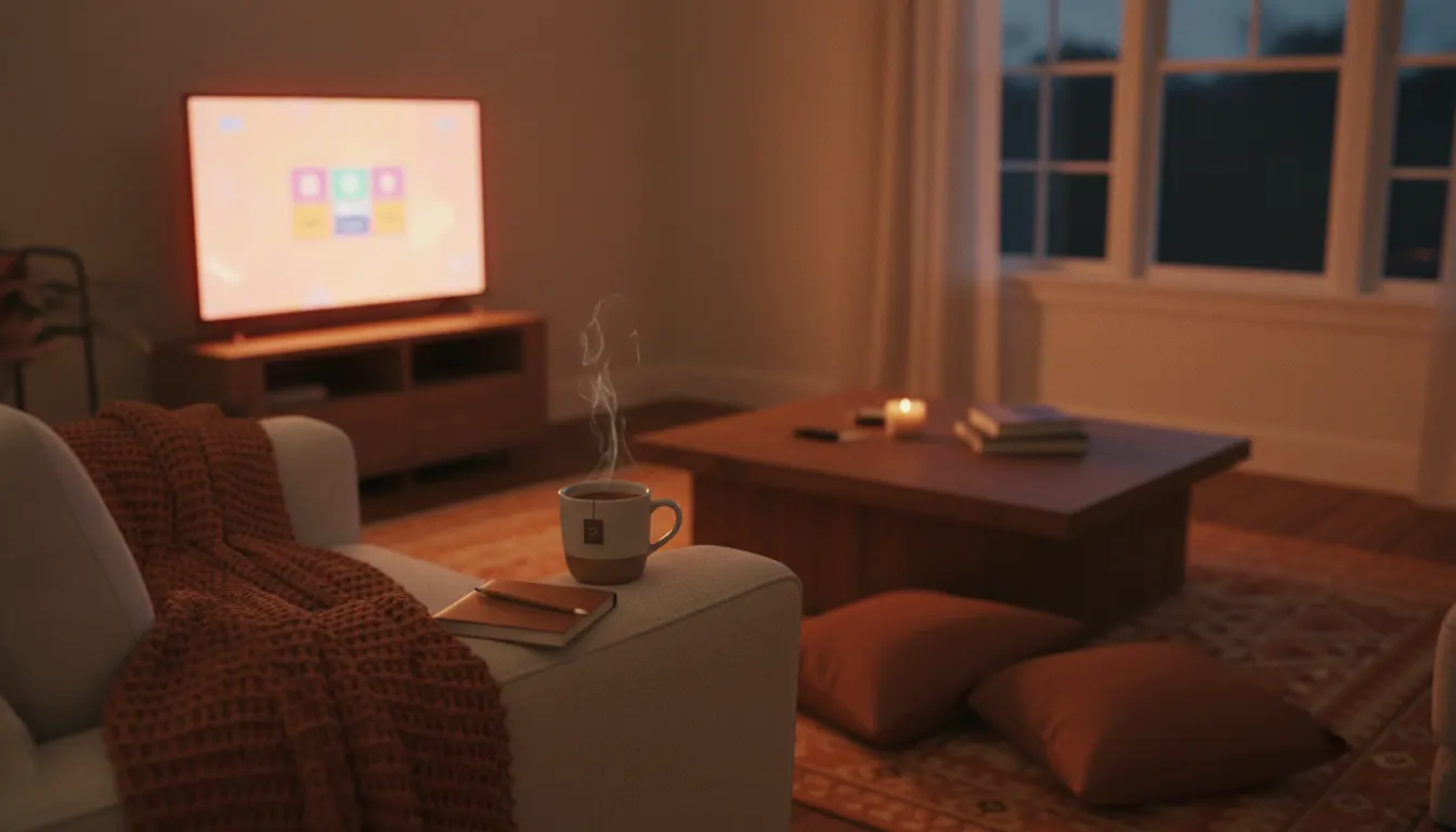 A warmly lit living room with a glowing television, a cup of tea and a notepad on an armchair