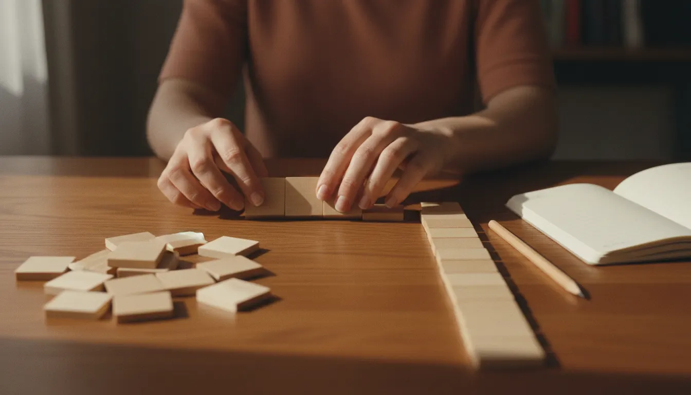 Hands arranging wooden letter tiles into a row on an oak table beside a notepad and pencil