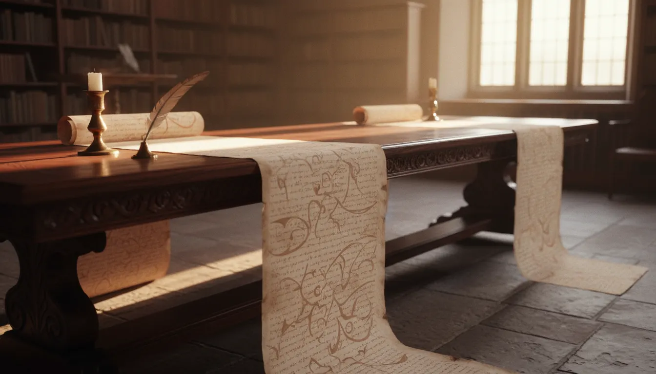 A very long parchment scroll unrolled across a library table and spilling onto the floor