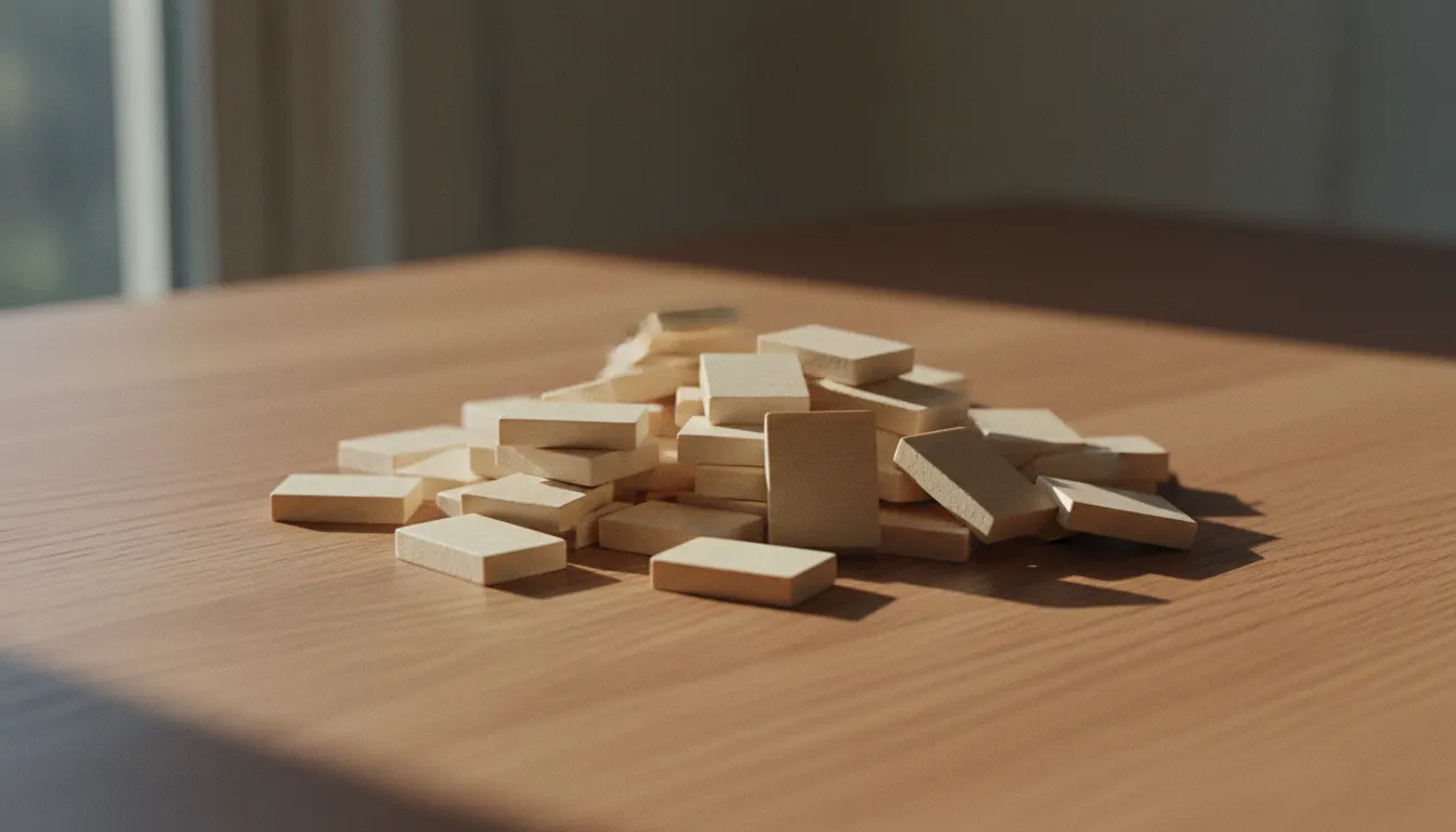 A large pile of blank wooden letter tiles spread across an oak table in soft light