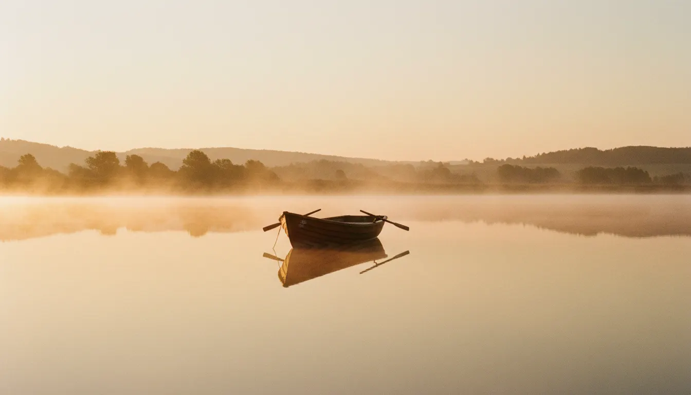 A rowing boat perfectly mirrored in a still lake at sunrise