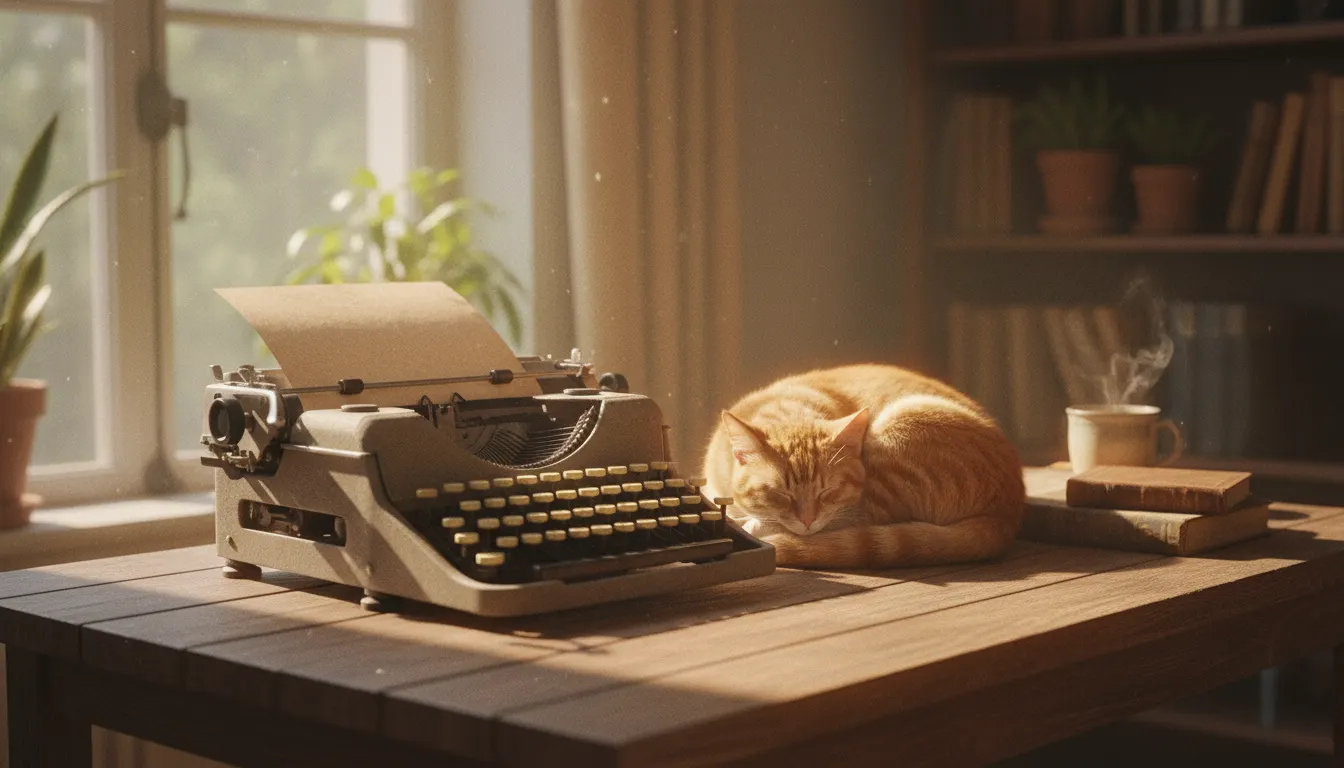 A vintage typewriter on a desk beside a sleeping ginger cat in warm afternoon light