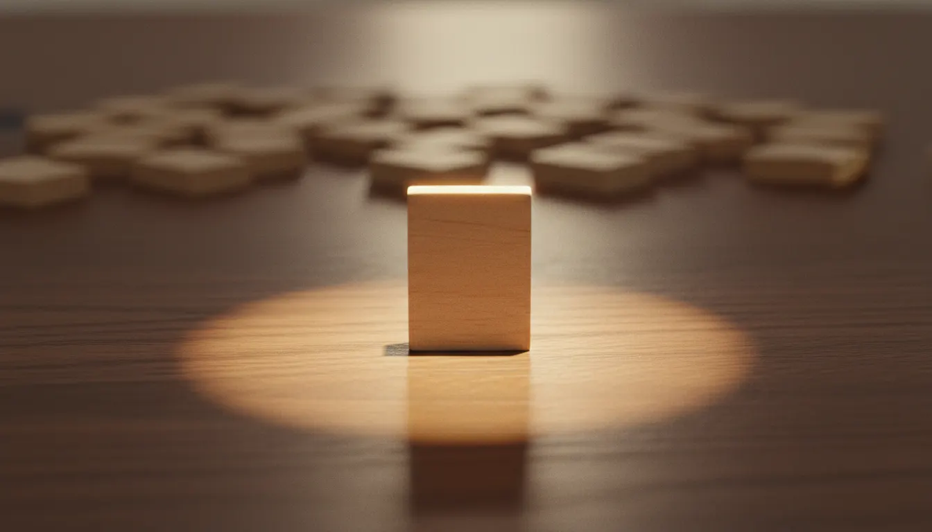 A single wooden game tile standing alone in a pool of warm light, other tiles blurred behind it