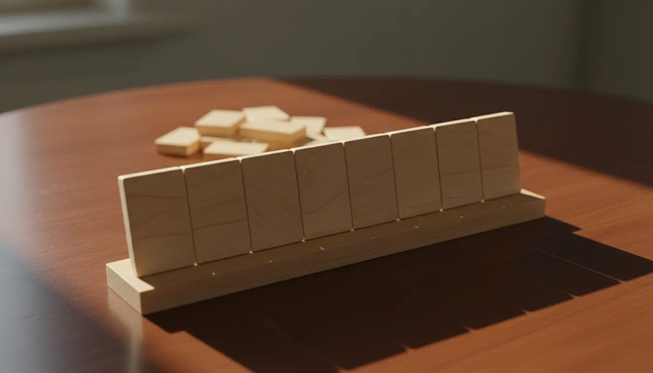 A row of wooden game tiles standing on a tile rack under warm light