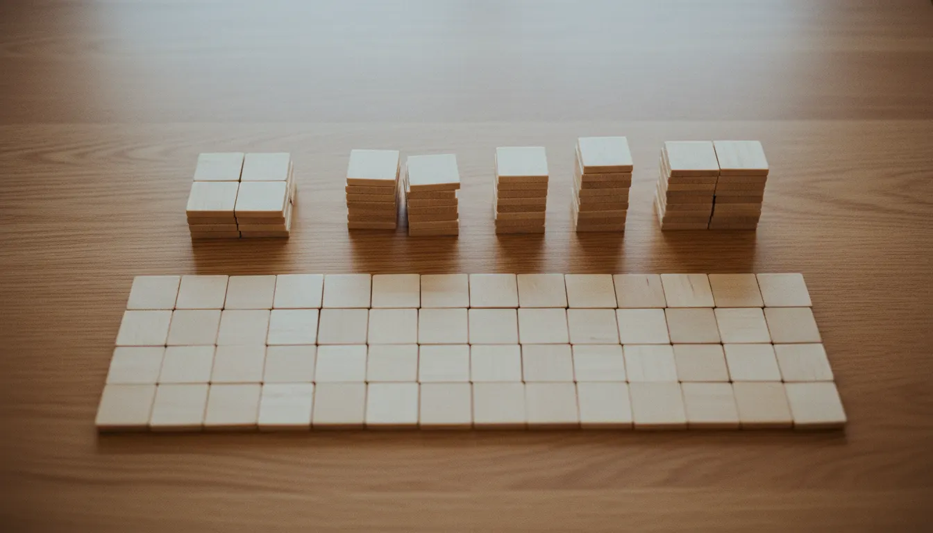 Wooden game tiles arranged in neat rows and small stacks on an oak table, sorted and counted