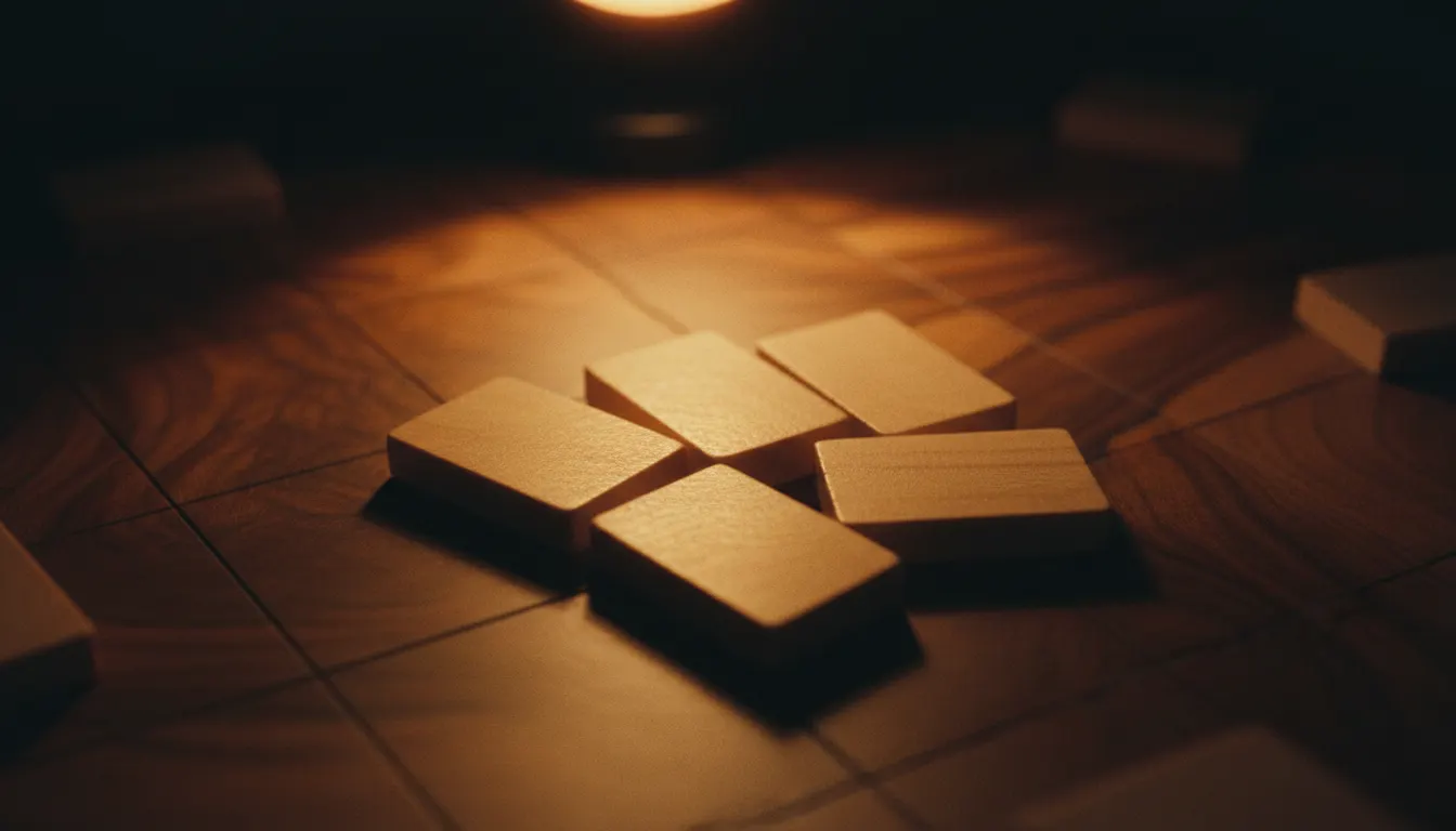A small cluster of wooden game tiles glowing under a warm spotlight on a dark board