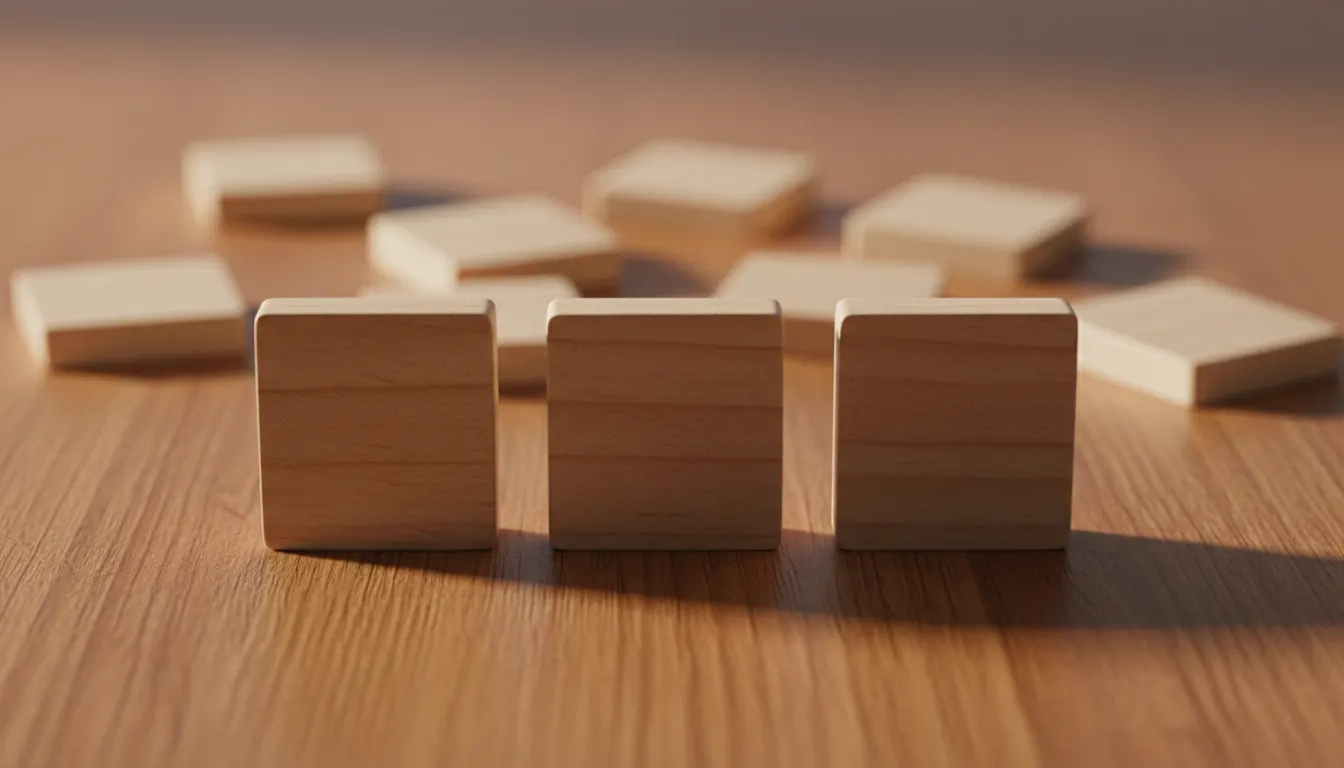 Three wooden game tiles in a row on an oak board with more tiles blurred behind
