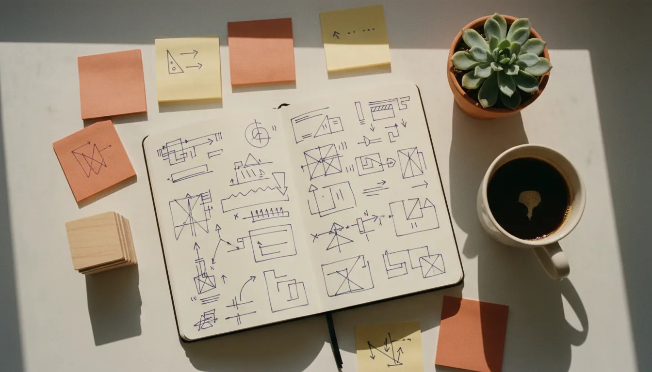A study table with an open notebook, sticky notes, wooden game tiles and a cup of coffee