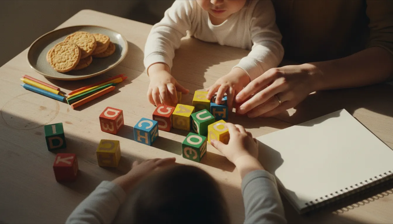 A child and an adult playing with colourful alphabet blocks at a kitchen table