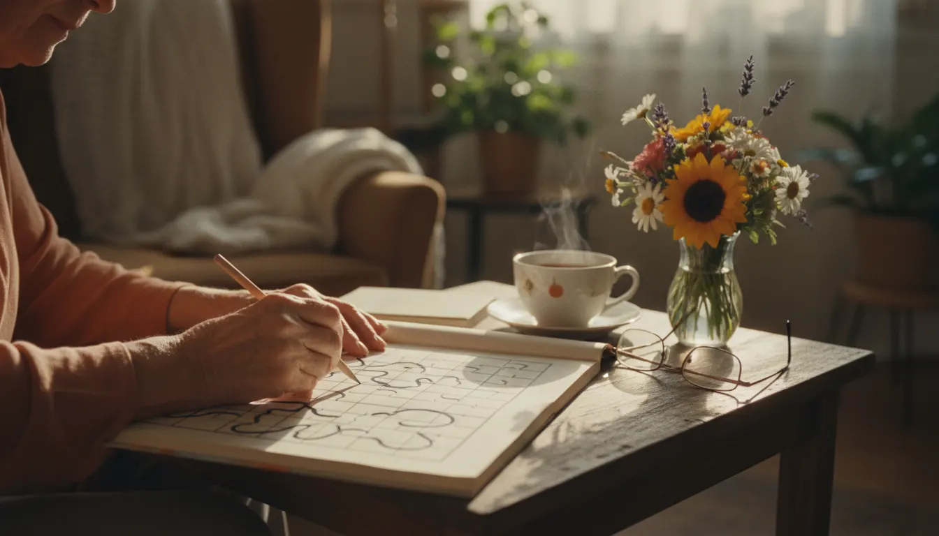 Hands filling in a large-print crossword beside a cup of tea and a vase of garden flowers