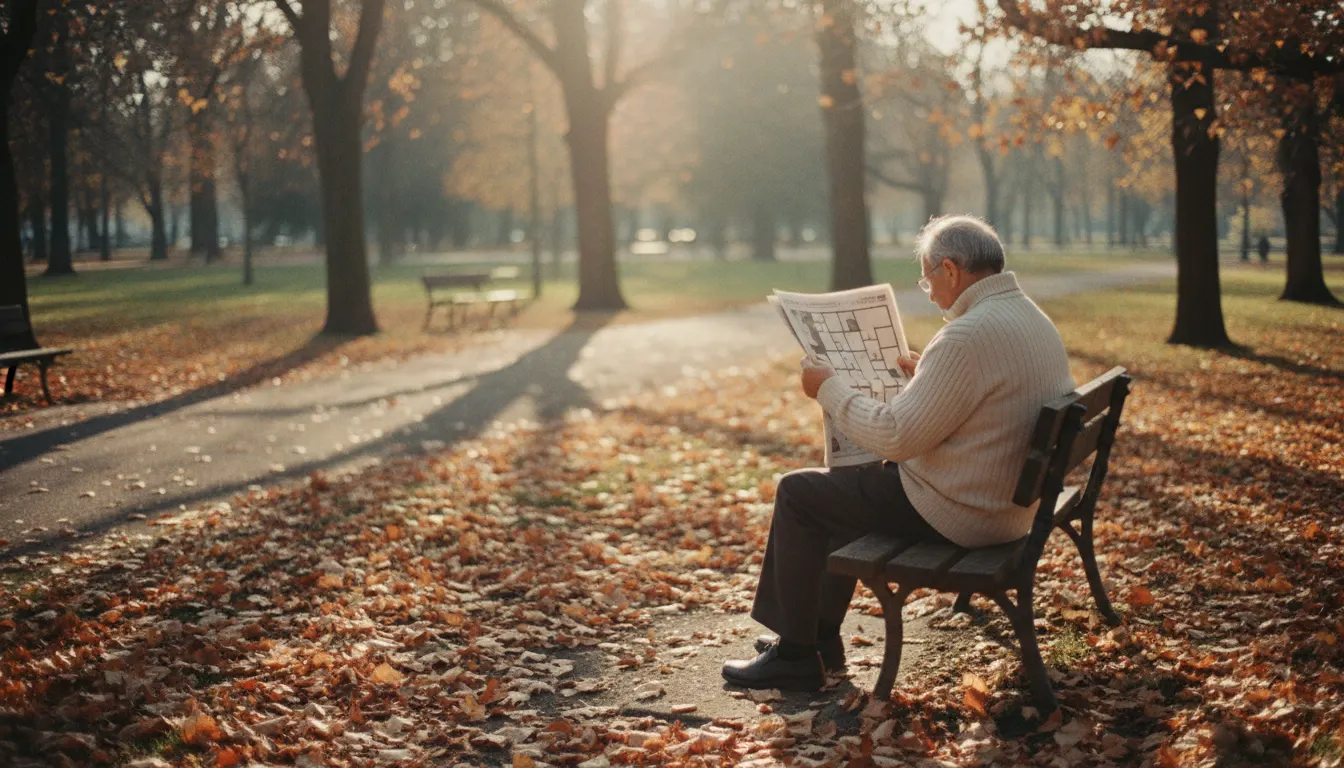 An older person doing a newspaper puzzle on a park bench among autumn leaves