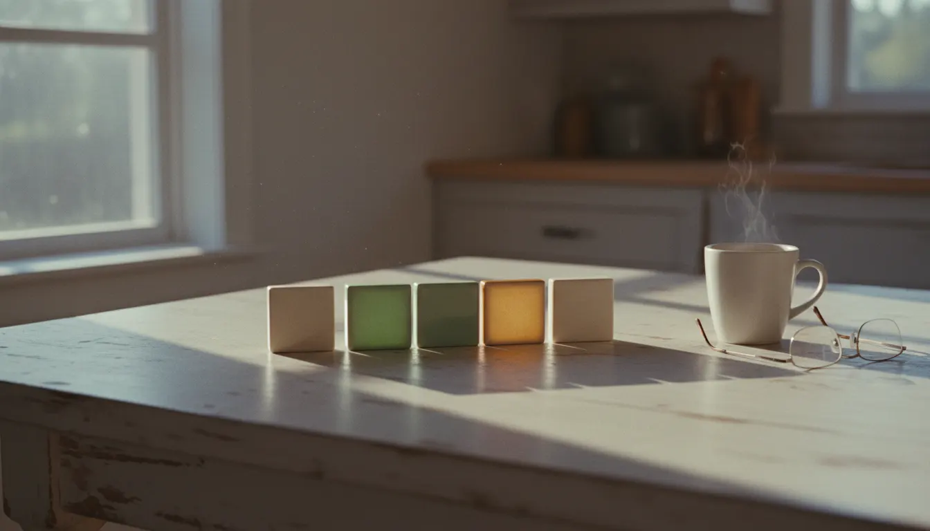 A row of five blank tiles on a kitchen table, one glowing green and one amber, beside a cup of coffee
