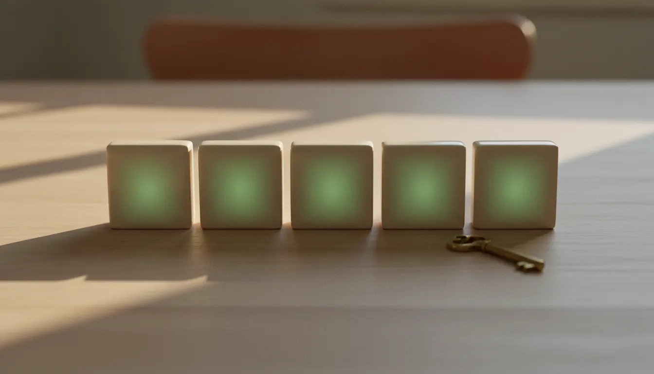 Five glowing green ceramic tiles in a row with a small brass key beside them