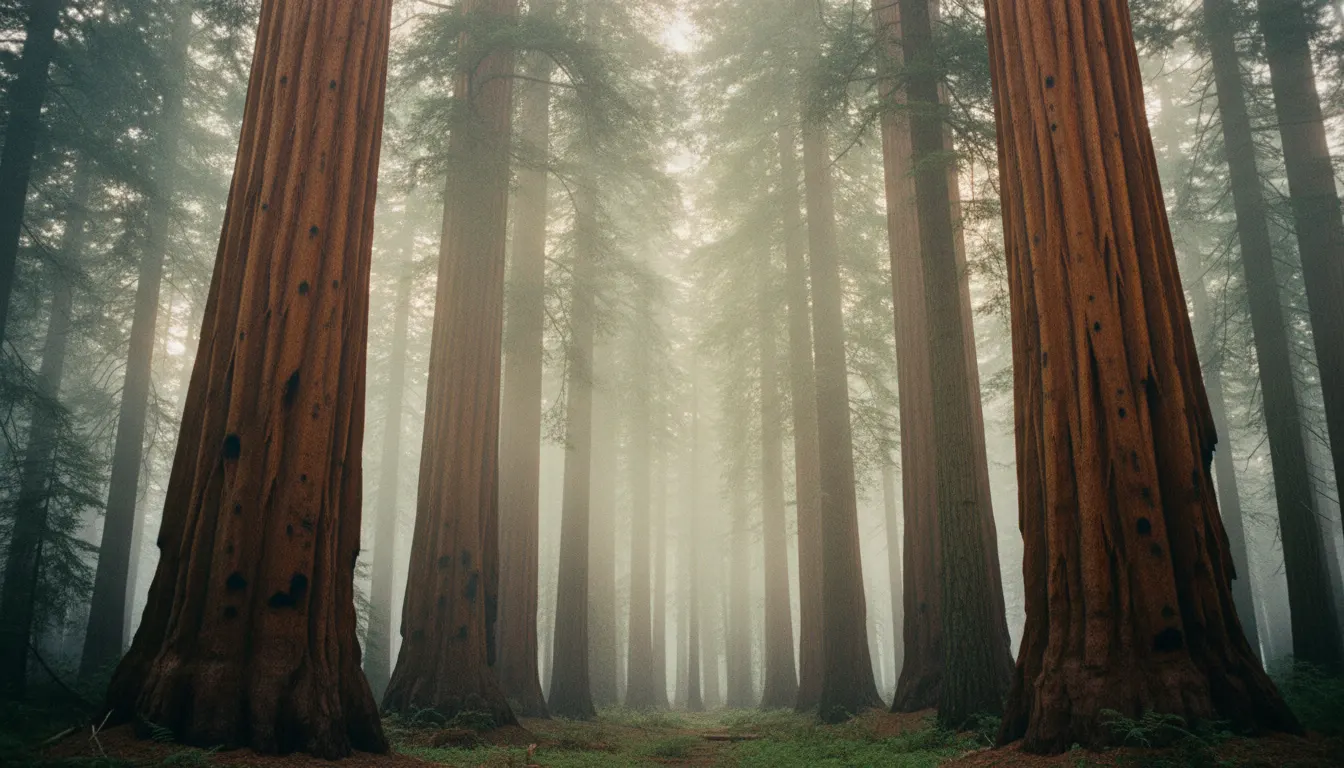 Towering sequoia redwoods seen from below with golden light through the misty canopy