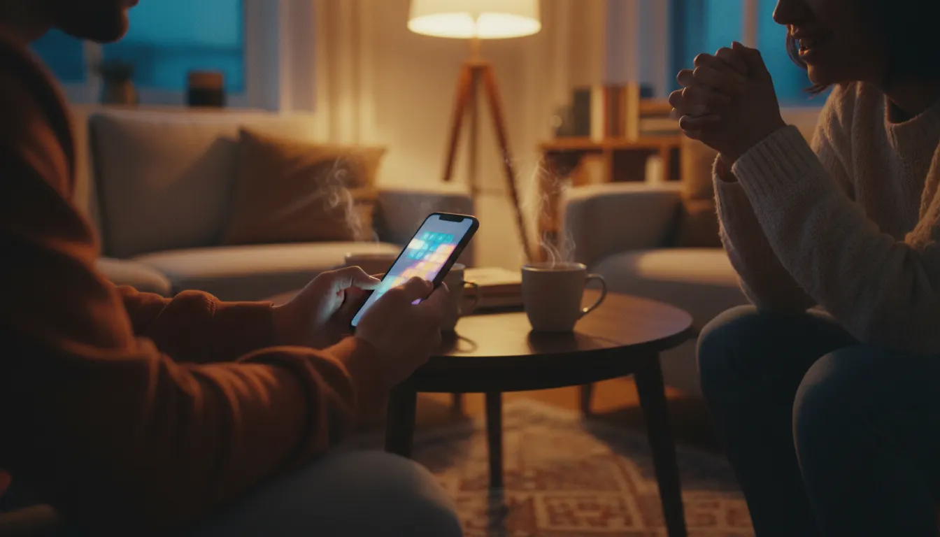 Two people relaxing on a sofa in the evening, one playing a word game on a phone