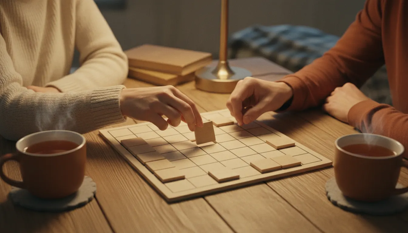 Two people's hands placing tiles on a word game board, with mugs of tea on either side