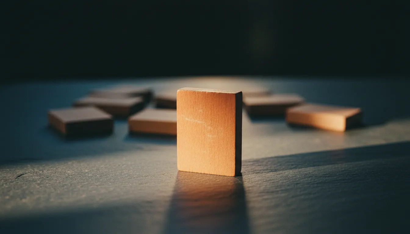 A single wooden game tile standing upright in warm light with blank tiles blurred behind it