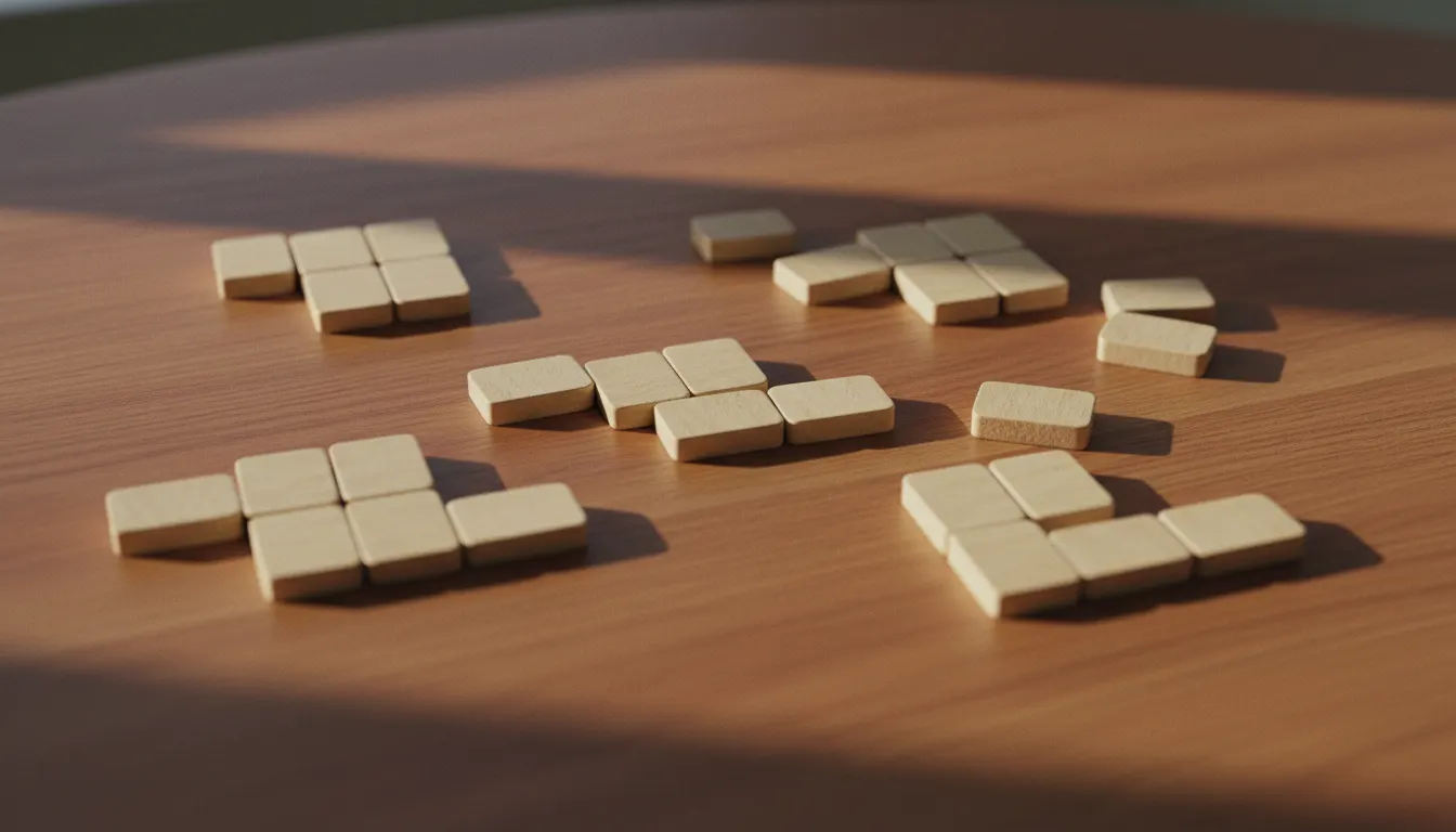 Blank wooden letter tiles on an oak table gathered into small clusters as if being rearranged